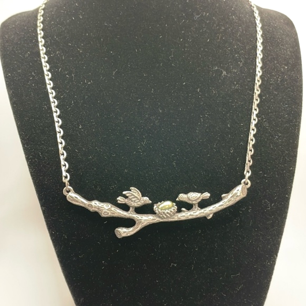 Pewter Color Two Birds on Branch with Nest & Egg Necklace